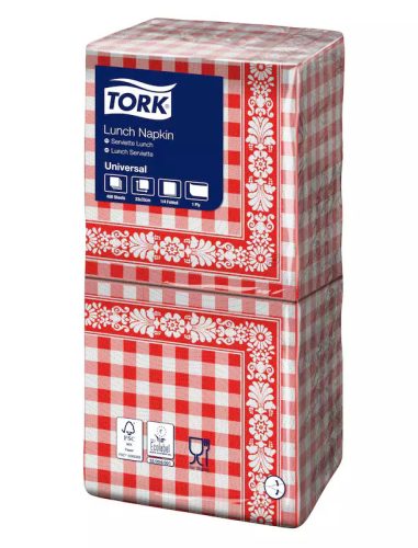 Tork szalvéta Lunch Universal PIROS CHECK 1r., 1/4 hajtás, 33X32cm, 500db/csg, 10csg/# - 11099