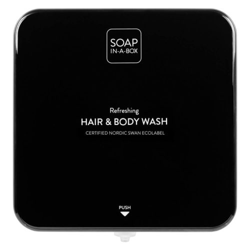 Soap-In-A-Box fényes fekete tusfürdő és sampon adagoló, előlap