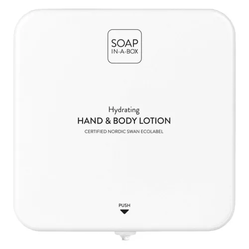 Soap-In-A-Box fényes fehér kéz- és testápoló adagoló, előlap
