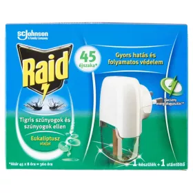   Raid elektromos 45 éjszakás szúnyogirtó KÉSZÜLÉK+UTÁNTÖLTŐ folyadék 27ml (12db/karton) eukaliptusz illattal