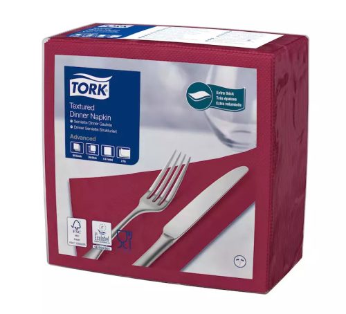 Tork szalvéta textilhatású Dinner, 39,5X39,5cm, BORDÓ, 1/4 hajtás, 50 lap/csg, 20csg/# - 509417