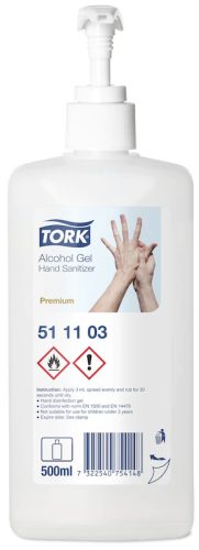 Tork folyékony alkoholos kézfertőtlenítő gél, hordozható pumpás 500ml (12db/#) - 511103