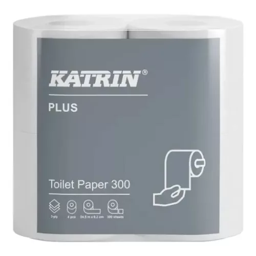 Katrin Plus toalettpapír kistekercses 3r., hófehér, 300lap/tek, 4tek/csg, 6csg/karton, 55karton/raklap