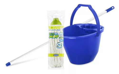 Bonus Felmosó szett-vödör KÉK 11L  csavaró kosár, felmosó nyél 120cm CottonMop 190gr