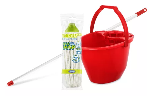 Bonus Felmosó szett-vödör PIROS 11L  csavaró kosár, felmosó nyél 120cm CottonMop 190gr