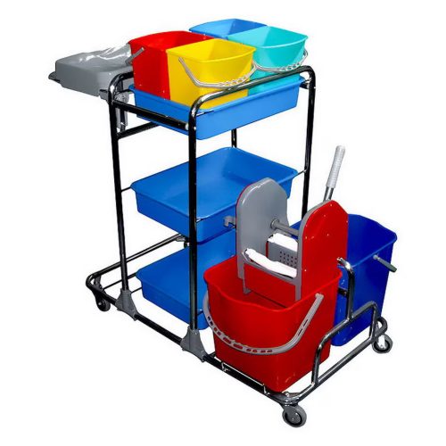 Takarítókocsi kombi, krómvázas 2X25L+ 4X5 literes vödör, eszköz- és zsáktartóval - KA917YK