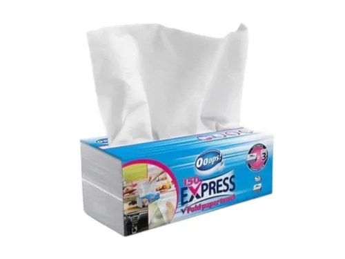 Ooops! Express V hajtogatott KÜLÖN CSOMAGOLT, ADAGOLHATÓ háztartási papírtörlő, 2 rétegű, 150 lap/csg, 21×25 cm/lap, fehér, 12csg/karton, 45 karton/raklap