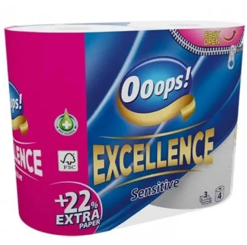 Ooops! toalettpapír kistekercses Excellence 3r., hófehér, 150lap, 4tek/csg, 15csg/karton, 18karton/raklap