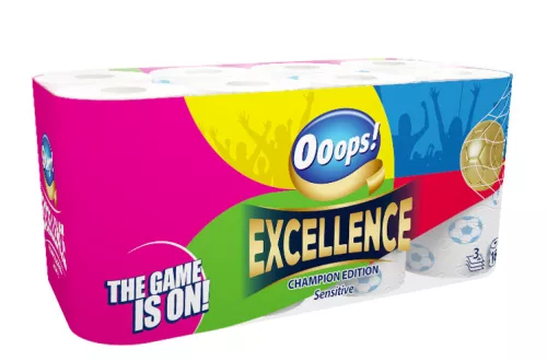 Ooops! toalettpapír Champion edition kistekercses Excellence 3r., hófehér, 150lap, 16tek/csg, 3csg/karton, 21karton/raklap (FIFA 2026 limitált)