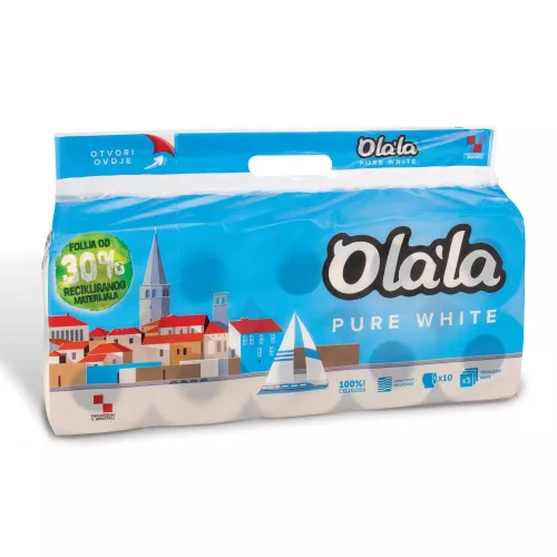 Olala Pure White kistekercses toalettpapír 3 rétegű, fehér, 10 tekercs/csg, 8 csg/karton