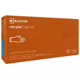   MERCATOR gumikesztyű Nitrylex high risk, nitril púdermentes naracs színű vizsgálókesztyű, vastag, hosszú mandzsetta, polimerizált belső, magas biztonsági szintű "S" (100db/doboz, 10doboz/karton)