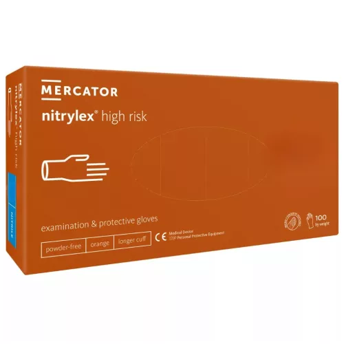 MERCATOR gumikesztyű Nitrylex high risk, nitril púdermentes naracs színű vizsgálókesztyű, vastag, hosszú mandzsetta, polimerizált belső, magas biztonsági szintű "M" (100db/doboz, 10doboz/karton)