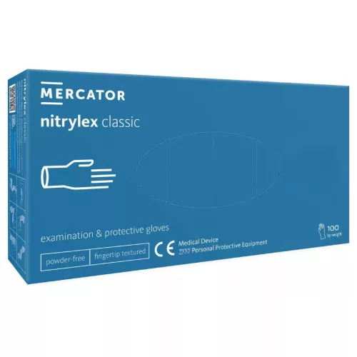 MERCATOR gumikesztyű Nitrylex classic blue -nitril púdermentes,kék vizsgálókesztyű "M" (100db/doboz, 10doboz/karton)