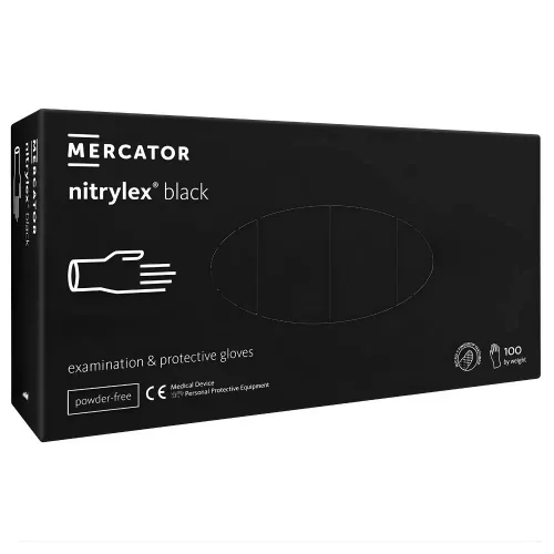MERCATOR gumikesztyű Nitrylex black nitril púdermentes fekete vizsgálókesztyű "S" (100db/doboz, 10doboz/karton)