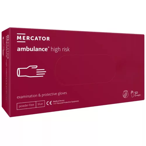 MERCATOR gumikesztyű AMBULANCE HIGH RISK latex púdermentes kék, vastag vizsgálókesztyű "L" (50db/doboz, 10doboz/karton)