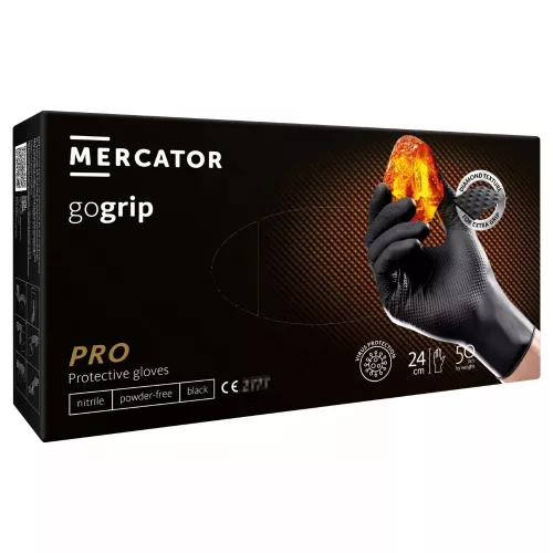 MERCATOR gumikesztyű gogrip (black)nitril védőkesztyű fekete púdermentes, gyémánt textúrált "S" (50db/doboz, 10doboz/karton)