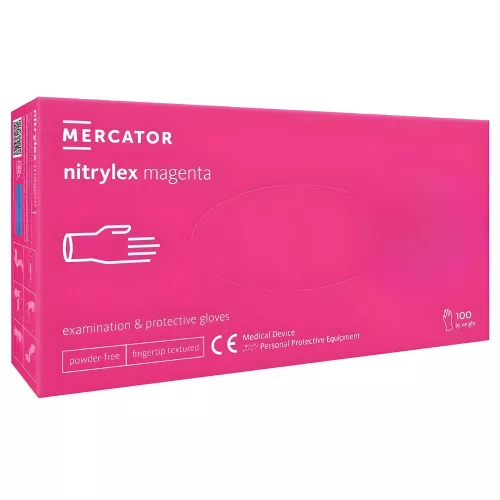 MERCATOR gumikesztyű Nitrylex magenta, nitril púdermentes magenta (intenzív pink) színű vizsgálókesztyű "M" (100db/doboz, 10doboz/karton)