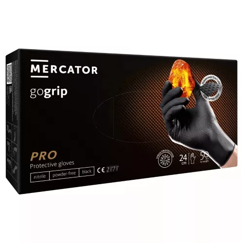 MERCATOR gumikesztyű gogrip (black)nitril védőkesztyű fekete púdermentes, gyémánt textúrált "M" (50db/doboz, 10doboz/karton)