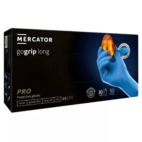 MERCATOR gumikesztyű gogrip (blue)long,nitril védőkesztyű kék púdermentes, gyémánt textúrált, 30cm mandzsetta "L" (50db/doboz, 10doboz/karton) 