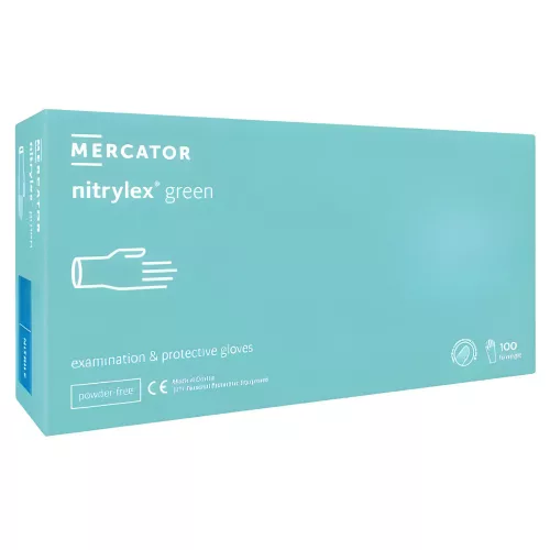 MERCATOR gumikesztyű Nitrylex green nitril púdermentes mentazöld vizsgálókesztyű "S" (100db/doboz, 10doboz/karton)