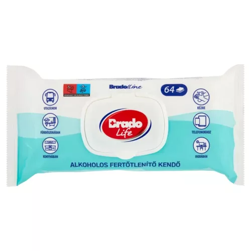 BradoLife alkoholos fertőtlenítő kendő 64db/csg  (12csg/karton)