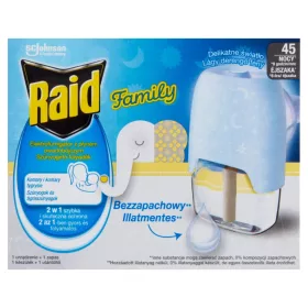   Raid Family Elektromos 45 éjszakás szúnyogirtó Illatmentes Készülék+UTÁNTÖLTŐ folyadék 27 ml (6db/karton)